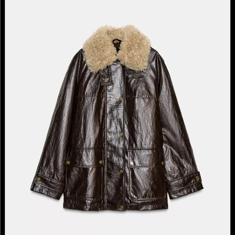 Zara Brown Leather Jacket with Cream Fur Collar